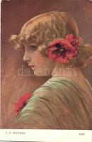 10 db RÉGI motívum képeslap, nagyrészt hölgyek, néhány folklór témájú lappal, Muttich festmények, ve...