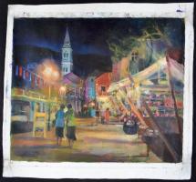 BM jelzéssel: Esti utca részlet. Olaj, vászon,  felcsavarva, 50×57 cm