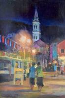 BM jelzéssel: Esti utca részlet. Olaj, vászon,  felcsavarva, 50×57 cm