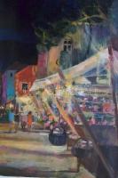 BM jelzéssel: Esti utca részlet. Olaj, vászon,  felcsavarva, 50×57 cm