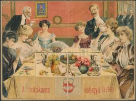 cca 1900 A Vidám teázó társaság titka, kinyitható reklámkártya, belül litho képpel