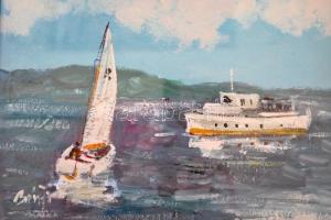 Bánfi jelzéssel: Balatoni sétahajó és vitolrás. Olaj, karton, üvegezett keretben, 23×32 cm