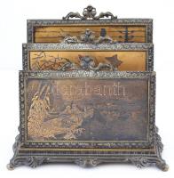 cca 1900 Réz irattartó, gravírozott madaras-lepkés jelenetekkel, előlap pótolt / Copper table docume...