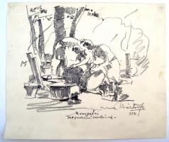 Márton Ferenc (1884-1940): 1933 Jamboree. Mosogatás debreczeni cserkészek. Ceruza, papír, jelzett, 21×24 cm /Scout graphic, pencil, paper, signed