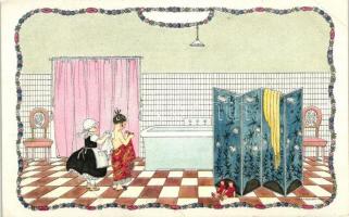 Girl in bathroom, M. Munk No. 1232, litho s: Mela Koehler (EB)