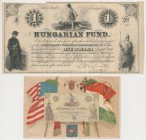 1852. 1$ "B" "Kossuth bankó" számozás nélkül T:III szakadások + képeslap: Magyar és Amerikai zászlók, címerek, bankjegy, litho, s: K. Savely D. (b) Hungary 1852. 1 Dollar "B" without serial number C:F tears + postcard: Hungarian and American flags, coat of arms, banknote, litho s: K. Savely D. (b) Adamo G117/1