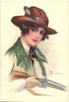 Hunting lady, Italian art deco postcard s: Busi