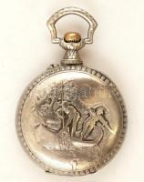Régi zsebóra, perc halászok jelenettel, az óralapján kis hibával, nem működik, 4,5cm
