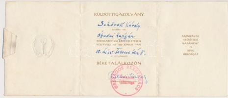 1952 Békéért mozgalom béketalálkozójának küldötti igazolványa.