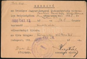 1938 Az Országos Magyar-Lengyel Diákszövetség meghívója, pecséttel, az elnök aláírásával.