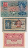 1913. 20K csehszlovák bélyeggel + 1917. 2K hamis felülbélyegzéssel / fake overprint + 1918. 25K "3mm" hullámos hátlappal hamis "MAGYARORSZÁG" felülbélyegzéssel / fake overprint T:III,III- 2K szép papírral