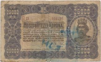 1923. 25.000K "Orell Füssli Zürich" barna sor- és sorozatszám T:IV fo. Hungary 1923. 25.000 Korona "Orell Füssli Zürich" brown serial number C:VG spotted Adamo K44