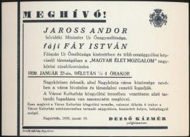 1939 Meghívó a Magyar Élet Mozgalom nagykőrösi eseményére Jaross Andor szélsőjobboldali politikus, későbbi belügyminiszter részvételével.