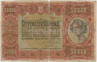 1923. 50.000K "Orell Füssli" T:IV ragasztott Hungary 1923. 50.000 Korona "Orell Füssli" brown serial C:VG sticked Adamo K45