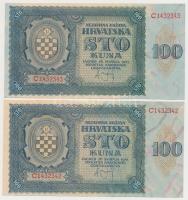 Független Horvát Állam 1941. 100K (4x) párban sorszámkövetők T:I- Independent State of Croatia 1941. 100 Kuna (4x) sequential serials in pairs C:AU