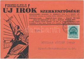 1935 Az Új Írók szerkesztőségének levelezőlapja, a szerekesztő Hegedős Ernő aláírásával.