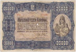 1922. 25.000K "Orell Füssli Zürich" piros sorozat- és sorszámmal, gyapotrostok nélkül T:III ly. Hungary 1922. 25.000 Korona "Orell Füssli Zürich" red serial number, without cotton fibres C:F hole Adamo K43