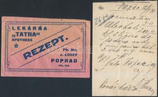 cca 1940 Lekárna "Tatra" Apotheke. Gyógyszertári recept, borítékban.
