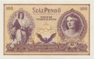 1943. 100P "Szálasi-kiadás" kiadatlan, sor- és sorozatszám nélkül, ívből kivágva, nyomdai papírránccal T:II Hungary 1943. 100 Pengő "Szálasi edition" officialy unissued, without serial number, cutted from sheet, with typographical crease C:XF