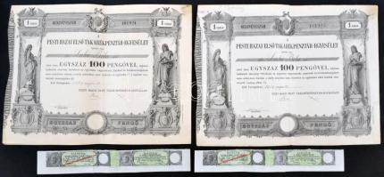Budapest 1929. "Pesti Hazai Első Takarékpénztár-Egyesület" részvénye 100P-ről szelvényekkel, felülbélyegzéssel, szárazpecséttel, szelvényutalvánnyal (2x) sorszámkövetők T:II,II-