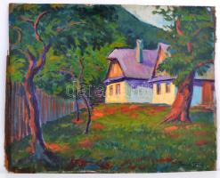 Kádár jelzéssel: Házak az erdőszélen. Olaj, falemez, 42×52 cm