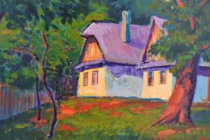 Kádár jelzéssel: Házak az erdőszélen. Olaj, falemez, 42×52 cm