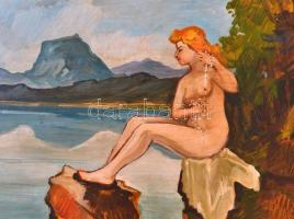 MCP jelzéssel: Női akt a parton. Olaj, farost, 43×48 cm