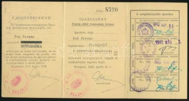 1945 Igazolvány magyar-orosz nyelven Fok Ferenc felügyelő részére kiállítva, 12x24cm