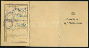 1945 Igazolvány magyar-orosz nyelven Fok Ferenc felügyelő részére kiállítva, 12x24cm