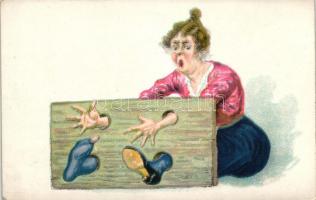 Woman in stocks, humour, WSSB Ser. 207., litho (EK)