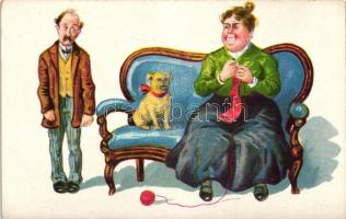 Wife sitting on bench with dog, husband, humour, WSSB Ser. 159., litho (EK)