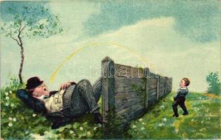 Boy urinates above the fence, humour, WSSB Ser. 204. (EK)