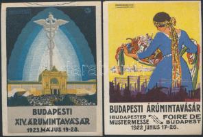 1922-23 A Budapesti Árumintavásárt népszerűsítő színes reklámnyomtatványok, 6db, szép állapotban, 12x9cm