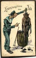 Krampusgrüsse aus Pola / Autro-Hungarian mariner, humour s: Ed. Dworak (glued to cardboard, damaged condition)