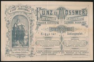 1888 Bp. Kígyó tér(Ferenciek tere), Kunz és Mössmer Rumburgi Vászonraktárának díszes fejléces számlája 1 kr okmánybélyeggel