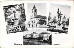 Füzesabony, Hősi emlékmű, vasútállomás mozaiklap; Gárdony és Fenyvesi képeslapkiadó-vállalat