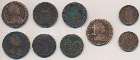 9db-os vegyes magyar és külföldi rézpénz tétel, közte 1763. Rézdénár "Mária Terézia" zárt ...