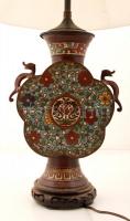 cca 1900 Kínai sárkányos asztali lámpa, réz lámpatest, zománc díszítéssel, pótolt burával, későbbi b...