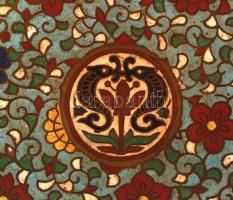 cca 1900 Kínai sárkányos asztali lámpa, réz lámpatest, zománc díszítéssel, pótolt burával, későbbi b...