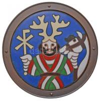 Papp László (1947-) 1988. "Első királyunk Szent István halálának 950. évfordulóján a Szent Jobb országjárásának emlékére / Szent István lóval és Krisztogrammal" patinázott és zománcozott vörösréz emlékérem eredeti tokban tanúsítvánnyal (70mm) T:1-,2