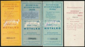 cca 1944 Ásványolaj Nyilvántartási Iroda 3 db üzemanyag (Motalko) jegy + 2 db átvételi elismervény
