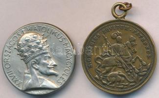 Pankotai Farkas Béla (1885-1945) 1936. "XXVII. Országos Katolikus Nagygyűlés - XI. Ince" ezüstözött Cu lemez jelvény (29mm) + DN "Szent György" Cu emlékérem füllel T:2,2- forrasztott tű