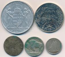 5db vegyes magyar és külföldi fém- és ezüstpénz, közte 1986. 100Ft "Fáy András", Kanada 19...