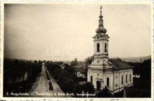 Nagyilonda, Ileanda; Vasút utca, Római Katolikus templom, kiadja Verbiczky Géza kereskedése / street, Catholic church