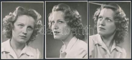 cca 1942 Szörényi Éva színésznő három portréja, Rozgonyi fényképész pecsétjével, 11,5x8 cm
