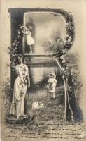 Letter R, Lady with children, greeting card series, NPG Series 195. (EK)