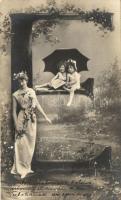 Letter E, Lady with children, greeting card series, NPG Series 195. (EK)