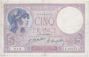 Franciaország 1922. 5Fr T:III tűlyuk France 1922. 5 Francs C:F needle hole