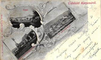 Korpona, Krupina; Főtér, Szentháromság szobor, látkép / main square, Trinity statue; Art Nouveau, floral (EB)