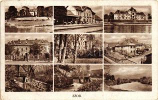 Szob, vasútállomás, Luczenbacher-kastély, mozaikképes képeslap (EK)